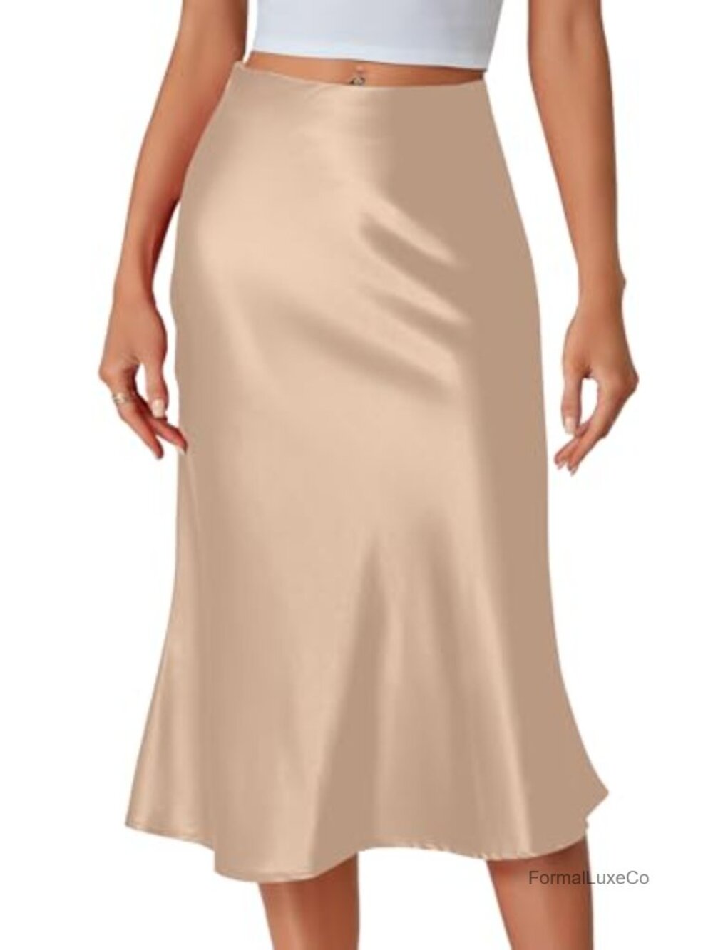 Satin Silky Flowy Midi Ruffle Skirt High Waist A-Line Office Wear